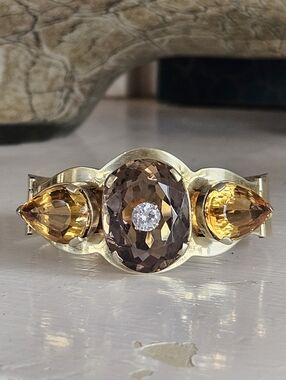 Vintage Bold MCM 14k Gold Silver Citrine Smoky Topaz Statement Bracelet